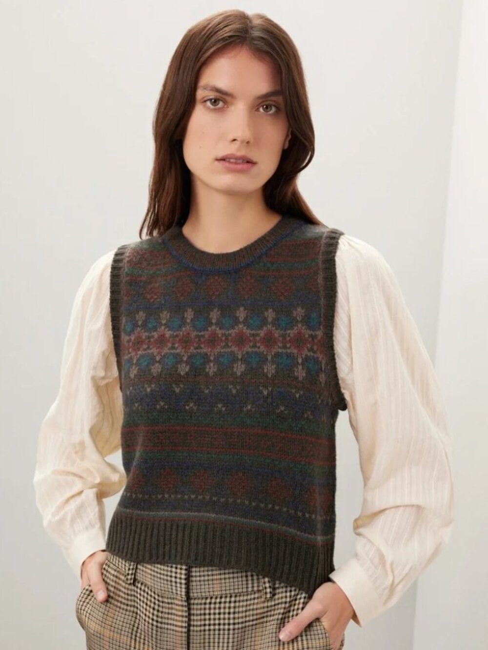SEA NEW YORK Finja combo top Fairisle wool sweater vest layered Cotton sleeves M